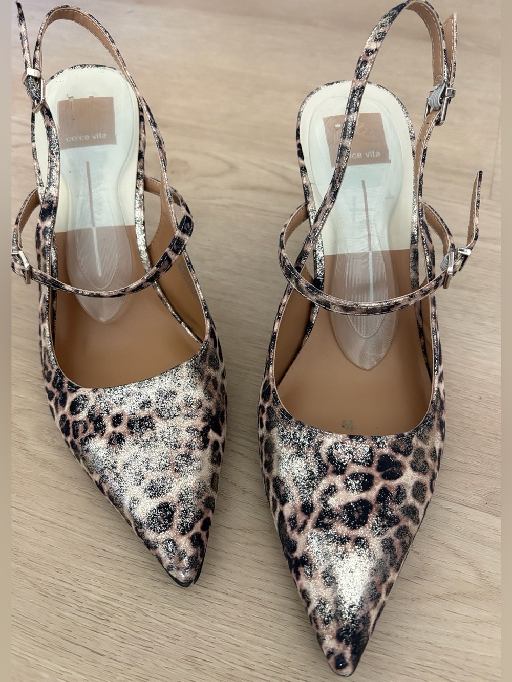 Dolce Vita Leopard Print Pointed Slingback Heels in Rose Gold and Black